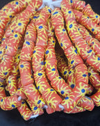 Painted Krobo Glass Tube Beads | Coral Orange Recycled Glass Tube Beads | Handmade in Ghana | 13–14×26–30mm