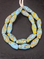 Handcrafted XL sky blue and golden fused Krobo recycled glass beads from Ghana, approximately 12–14mm x 30–34mm artisan statement beads for jewelry making.