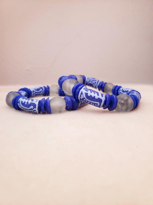 African Fashion, Blue Gye Nyame Symbol Beaded Bracelet - Aadampo