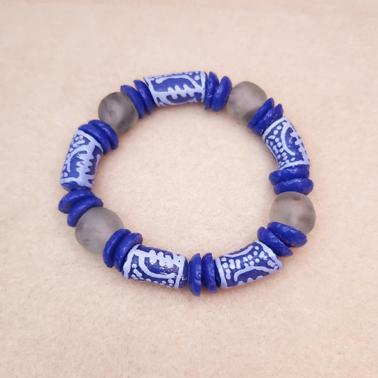 African Fashion, Blue Gye Nyame Symbol Beaded Bracelet - Aadampo