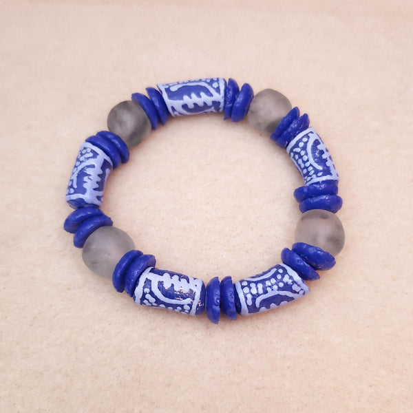 African Fashion, Blue Gye Nyame Symbol Beaded Bracelet