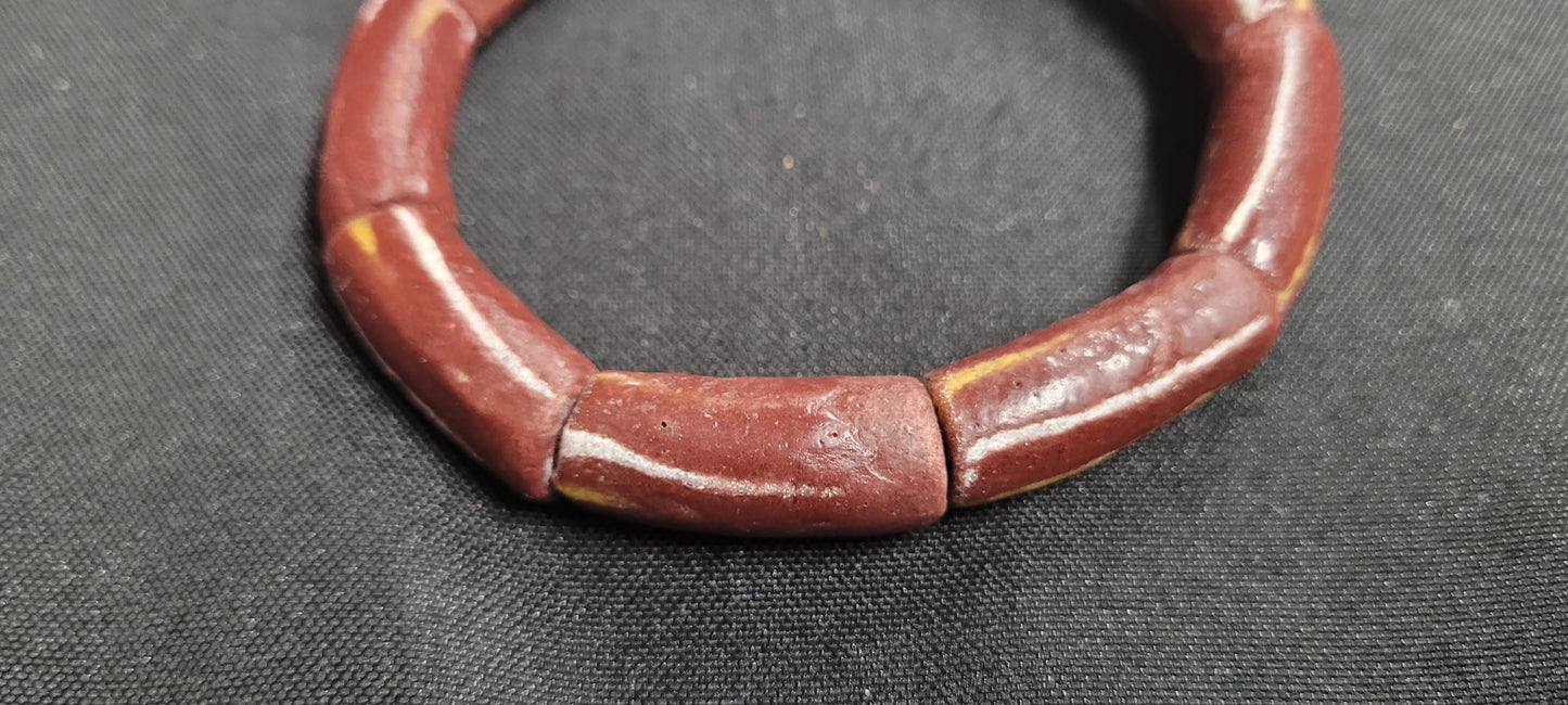 African glass beads, frosty brown and yellow 9 long tube Ghana glass beads for jewelry making - Aadampo