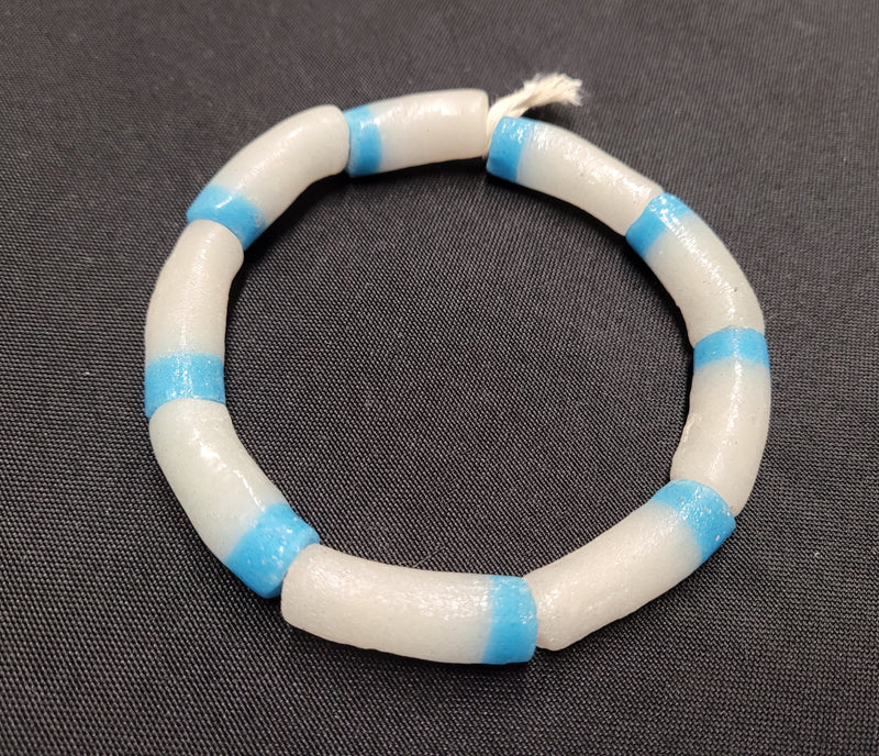 African glass beads, frosty white and blue 9 long tube glass beads