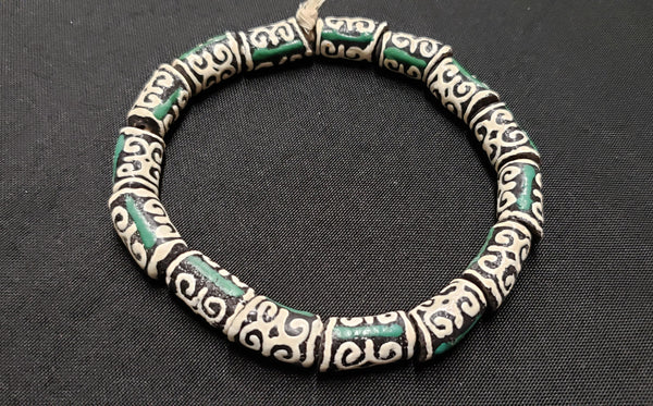 Adinkra Glass Beads, 14 Green and Black Humility and Strength Beads, AAB# 1664