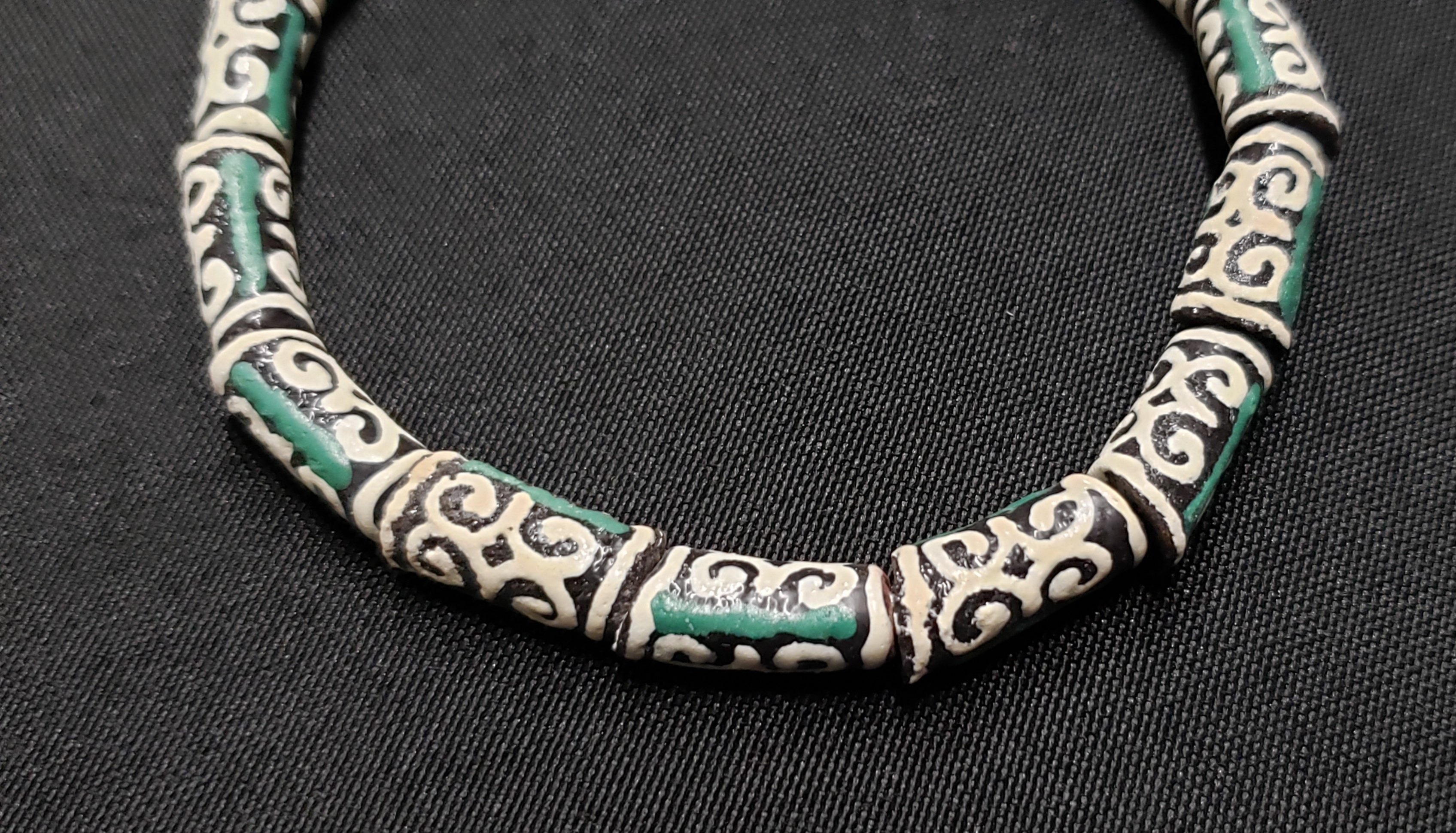 African Beads: 15 Small Adinkra Glass Beads. "Ram Horn"  Meaning Humility and Strength. Ghana Krobo Beads. Green and Cream Beads - Aadampo