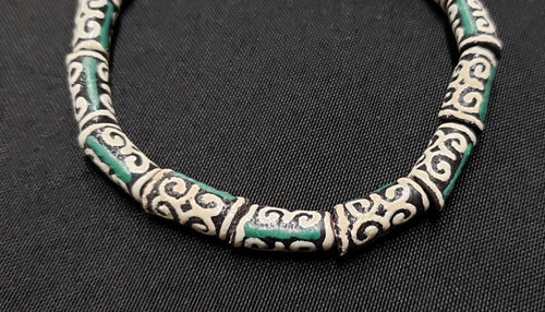 African Beads: 15 Small Adinkra Glass Beads. "Ram Horn"  Meaning Humility and Strength. Ghana Krobo Beads. Green and Cream Beads - Aadampo