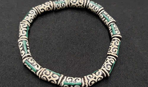 African Beads: 15 Small Adinkra Glass Beads. "Ram Horn"  Meaning Humility and Strength. Ghana Krobo Beads. Green and Cream Beads - Aadampo