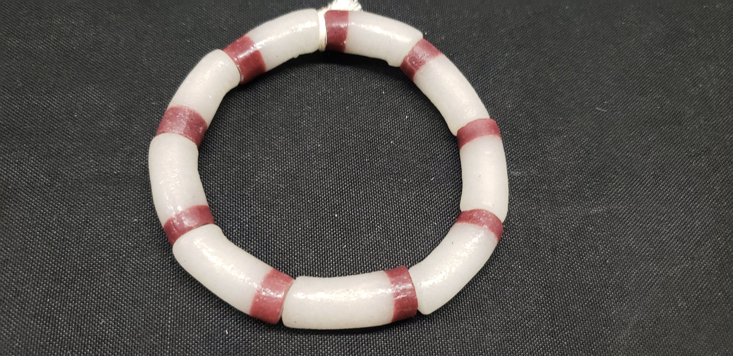 Ghana beads, 9 long tube frosty white and brown African glass beads - Aadampo