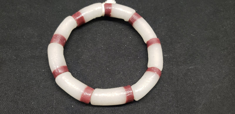 Ghana beads, 9 long tube frosty white and brown African glass beads