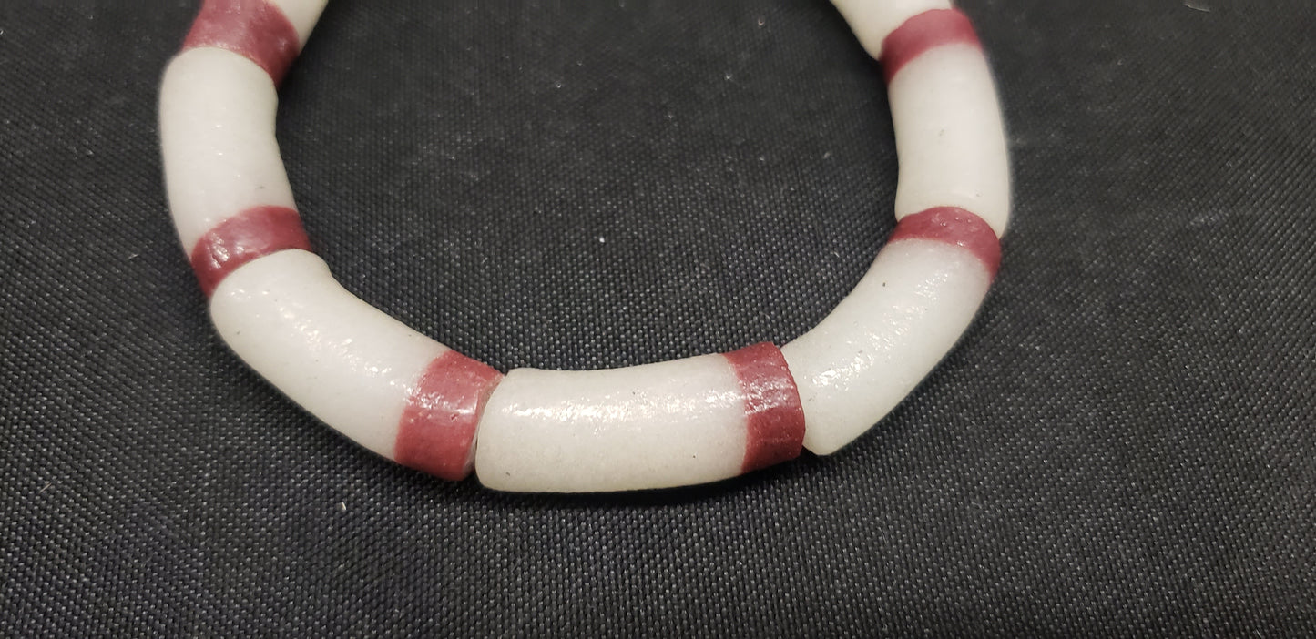 Ghana beads, 9 long tube frosty white and brown African glass beads - Aadampo