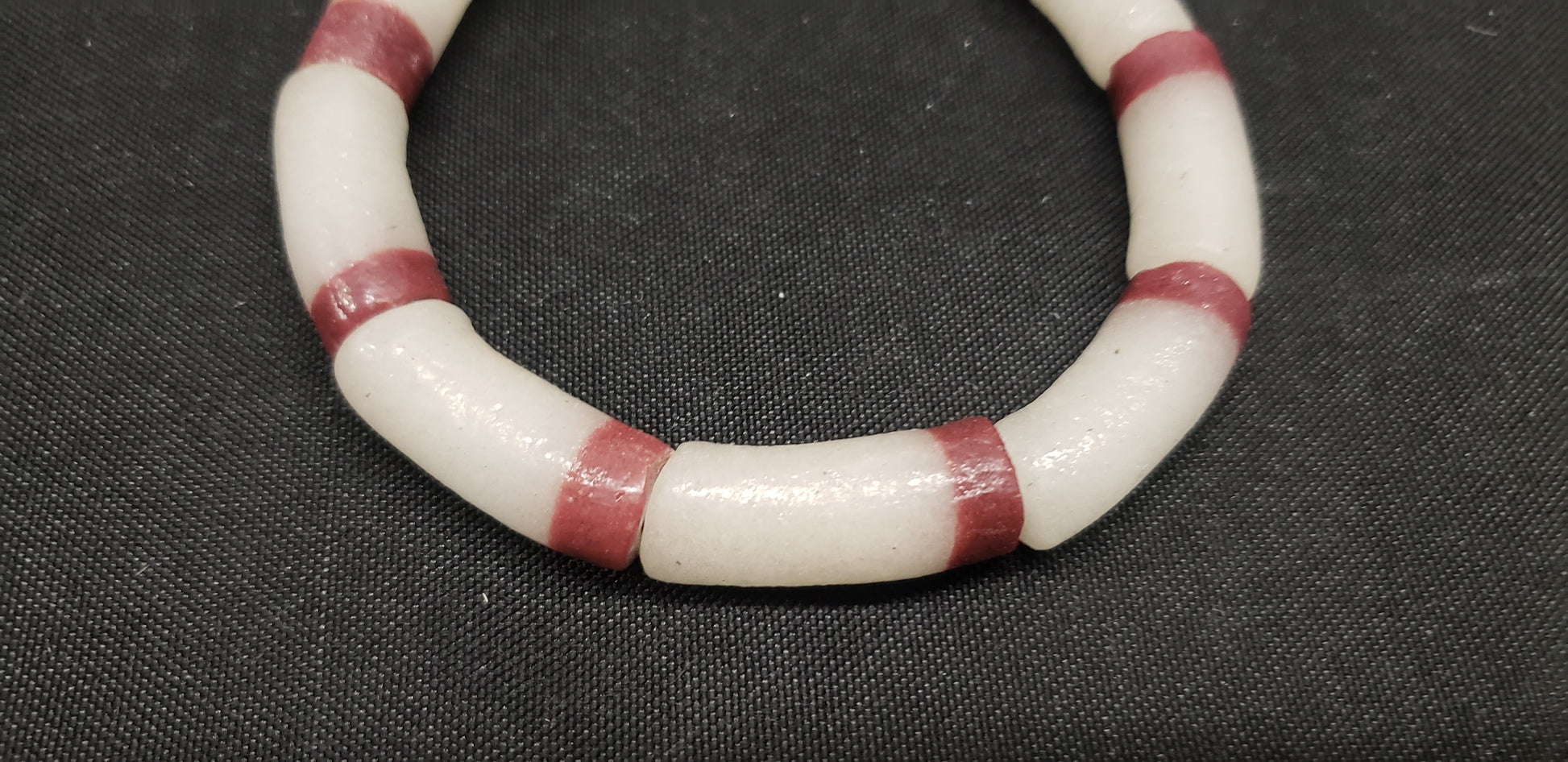Ghana beads, 9 long tube frosty white and brown African glass beads - Aadampo