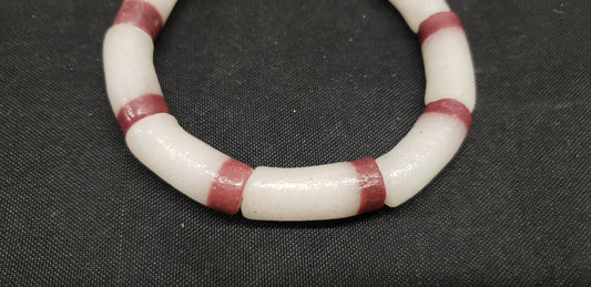 Ghana beads, 9 long tube frosty white and brown African glass beads - Aadampo