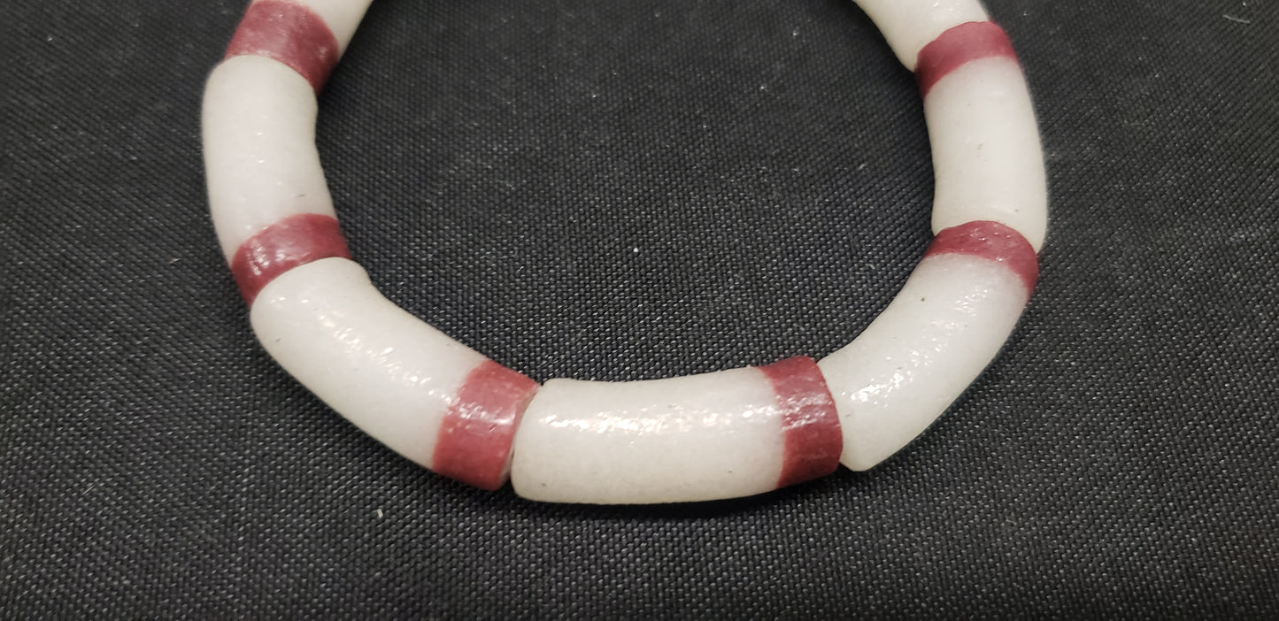 Ghana beads, 9 long tube frosty white and brown African glass beads - Aadampo