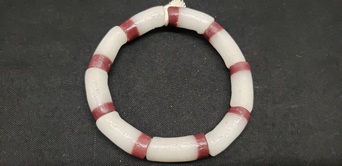 Ghana beads, 9 long tube frosty white and brown African glass beads - Aadampo