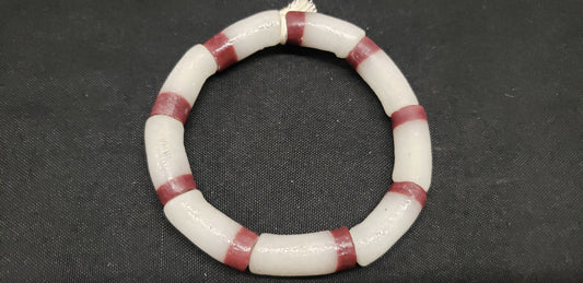 Ghana beads, 9 long tube frosty white and brown African glass beads - Aadampo
