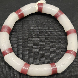 Ghana beads, 9 long tube frosty white and brown African glass beads - Aadampo