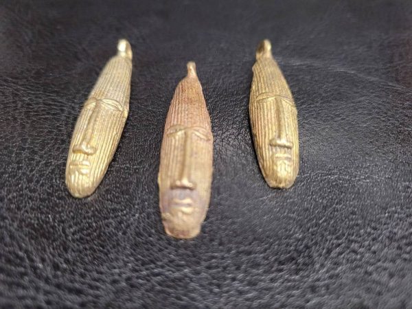 3 African brass pendant, elongated tribal mask pendant, Ghana Ashanti brass pendants